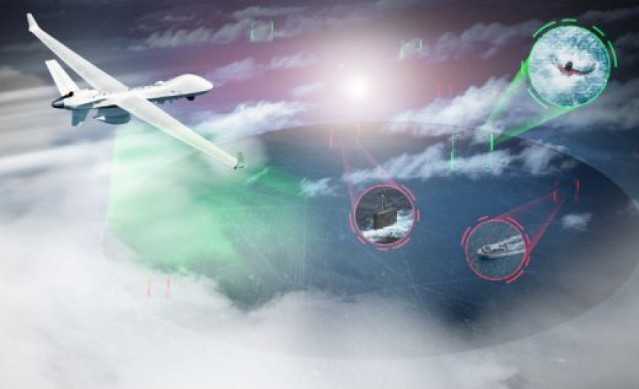 Esquema de uso del RPAS MQ-9B SeaGuardian dotado de un radar AESA Seaspraya. Imagen Leonardo