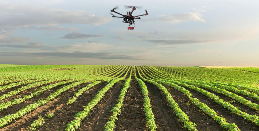 Dron de la empresa Paintec sobrevolando un campo cultivado. Foto Paintec