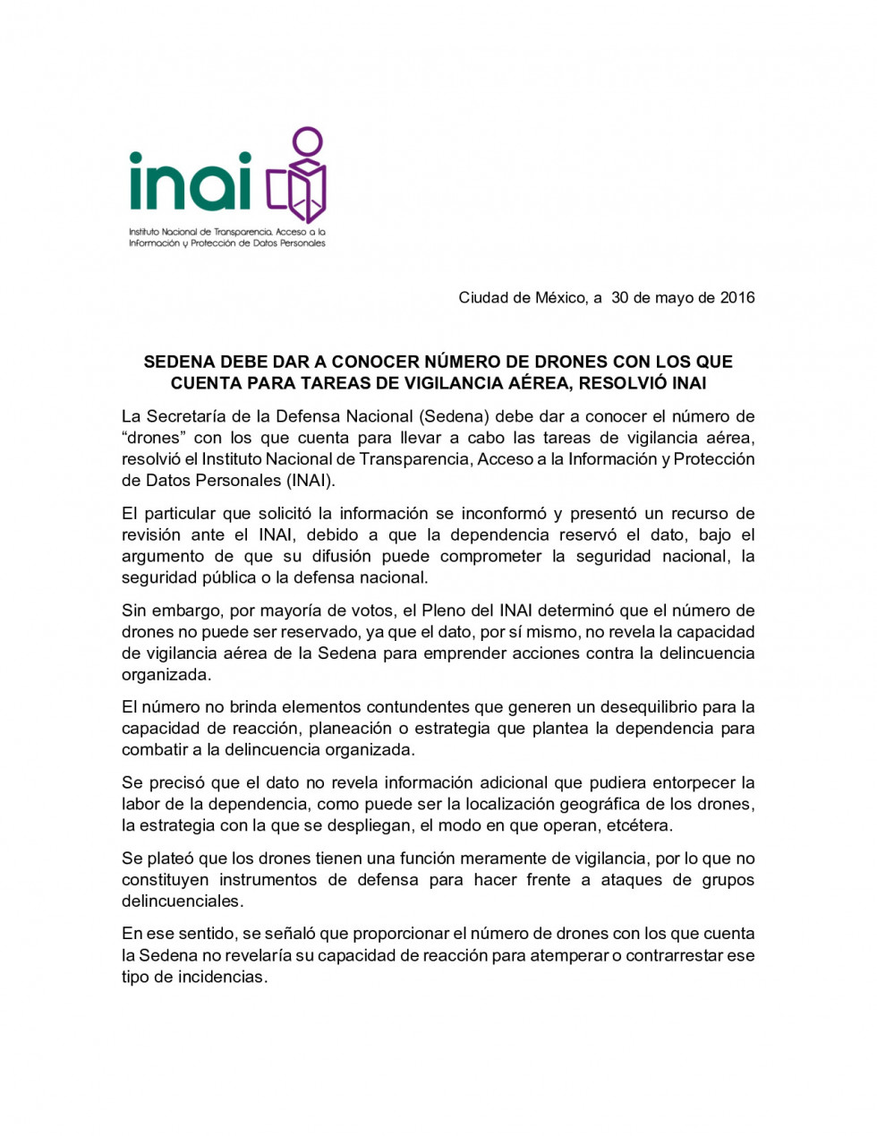 160531 mexico nota INAI drones sedena infodron
